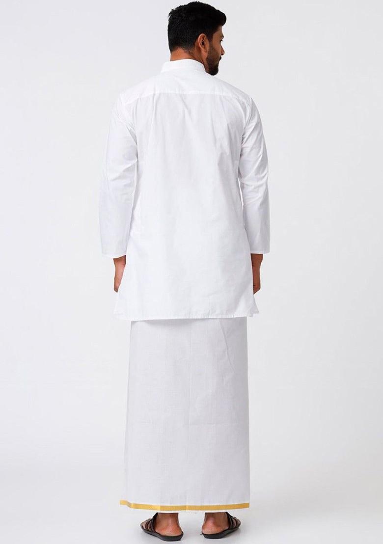White Mandarin Collar Pure Cotton Straight Kurta With Veshti For Men