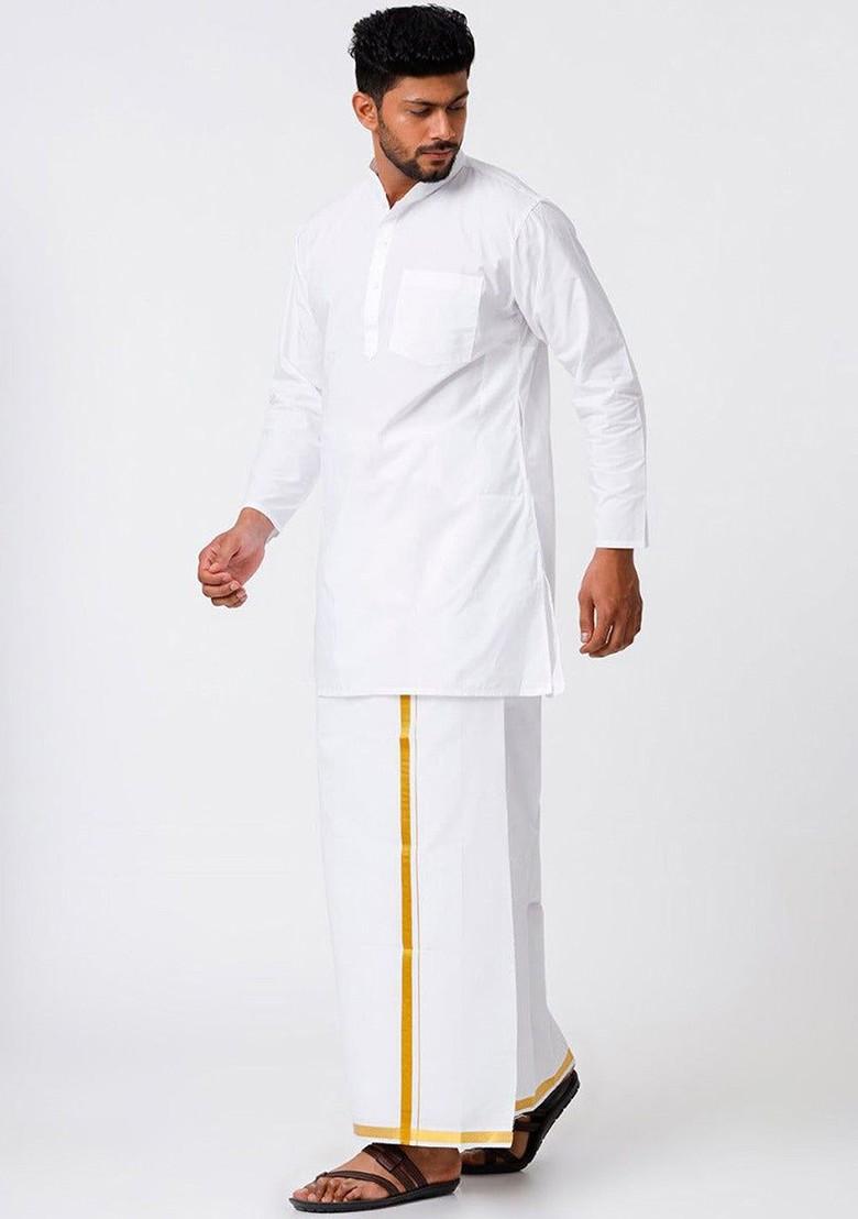 White Mandarin Collar Pure Cotton Straight Kurta With Veshti For Men
