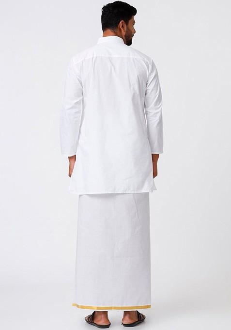 White Mandarin Collar Pure Cotton Straight Kurta With Veshti For Men