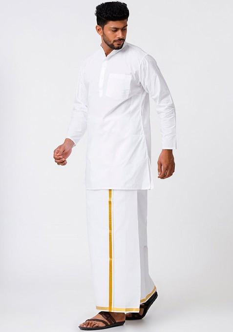 White Mandarin Collar Pure Cotton Straight Kurta With Veshti For Men