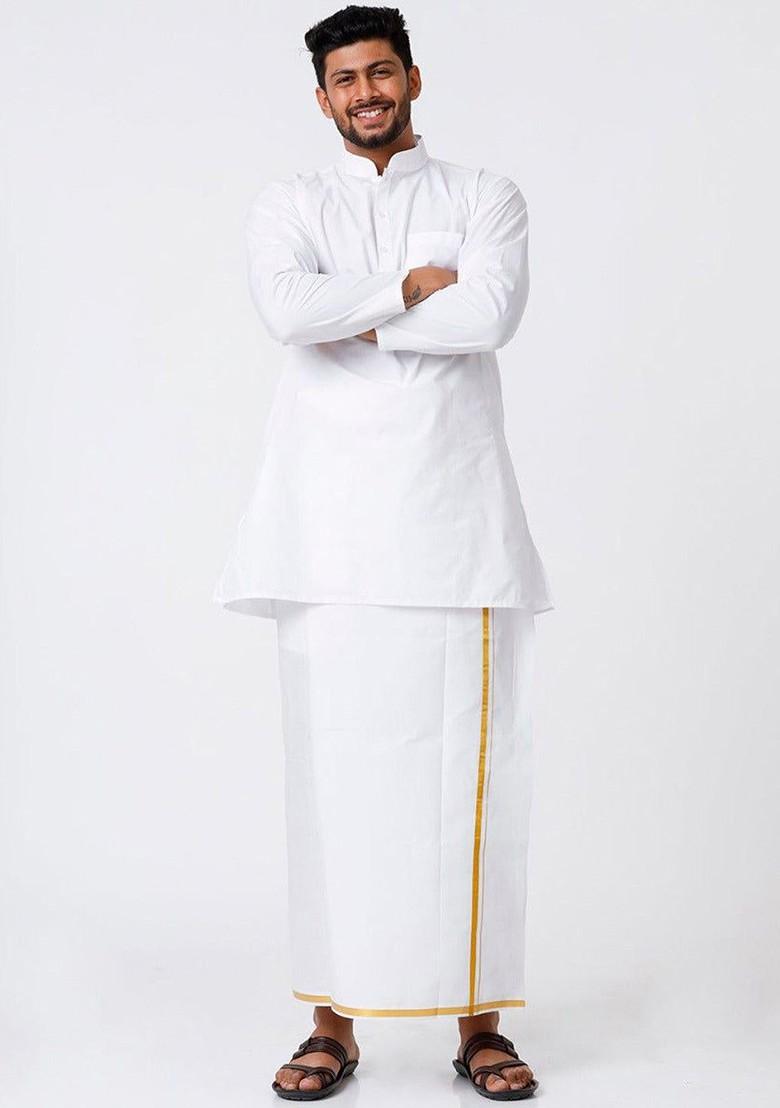 White Cotton Mandarin Collar Neck Kurta And Zari Veshti For Men - Indya