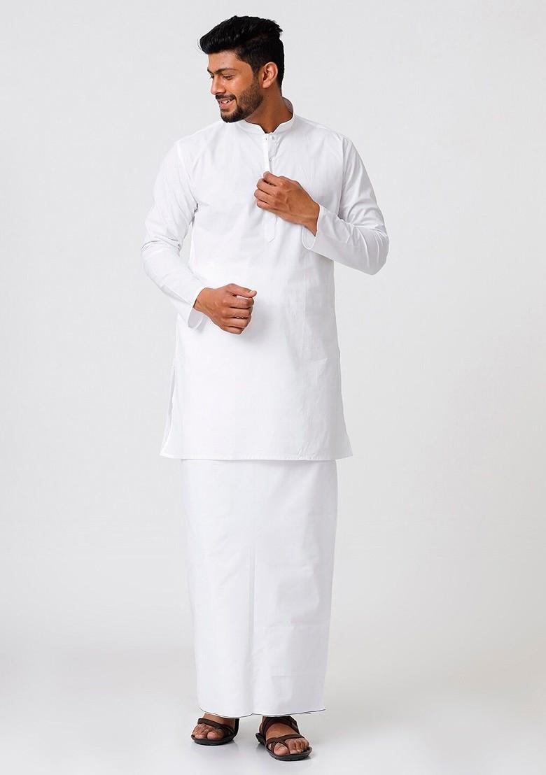 White Mandarin Collar Pure Cotton Kurta With Veshti For Men - Indya