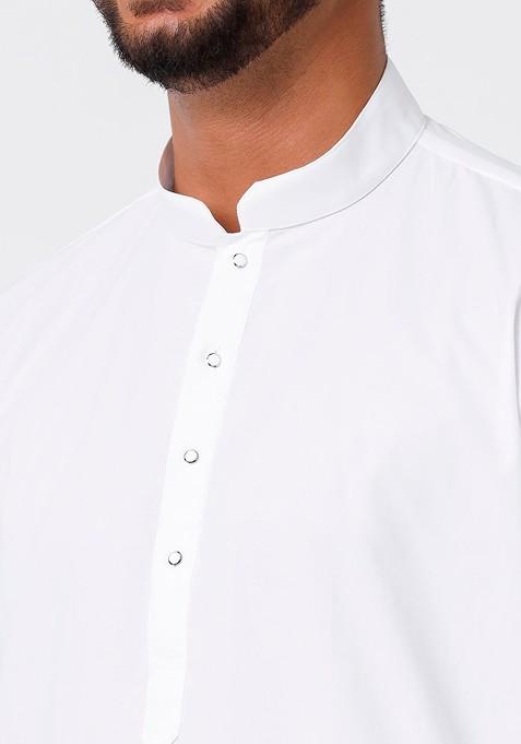 White Mandarin Collar Pure Cotton Straight Kurta With Veshti For Men