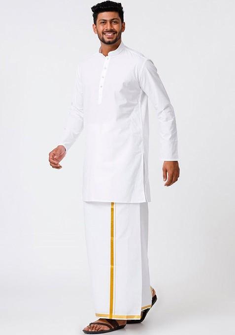 White Mandarin Collar Pure Cotton Straight Kurta With Veshti For Men