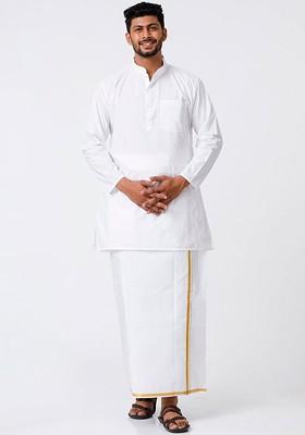 White Mandarin Collar Pure Cotton Kurta With Veshti For Men