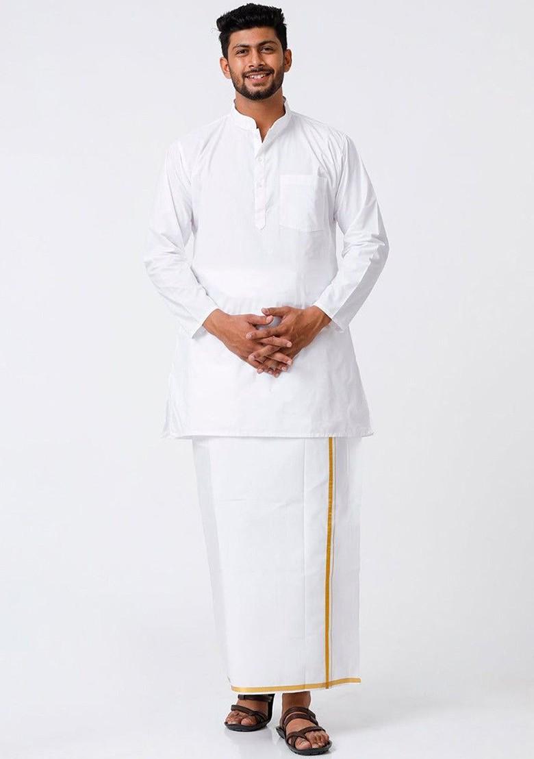 White Mandarin Collar Pure Cotton Kurta With Veshti For Men