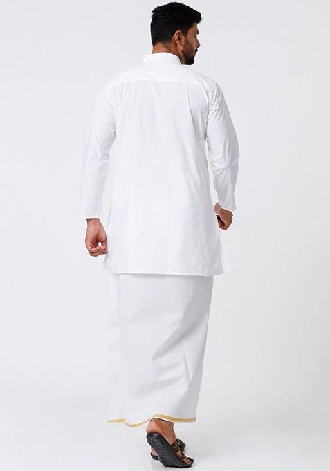 White Mandarin Collar Pure Cotton Kurta With Veshti For Men