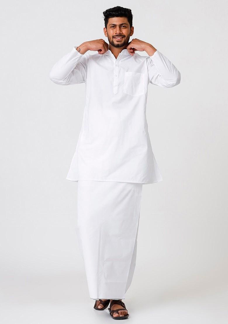 White Mandarin Collar Pure Cotton Kurta With Veshti For Men