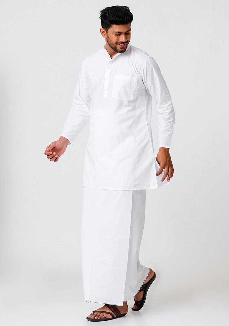 White Mandarin Collar Pure Cotton Kurta With Veshti For Men - Indya