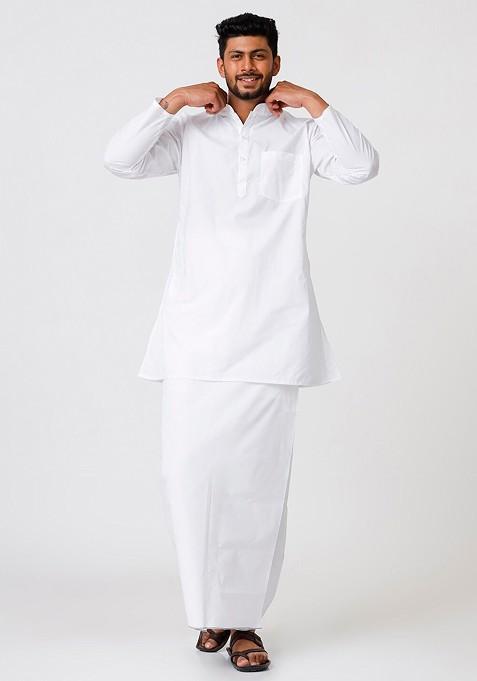 White Mandarin Collar Pure Cotton Kurta With Veshti For Men