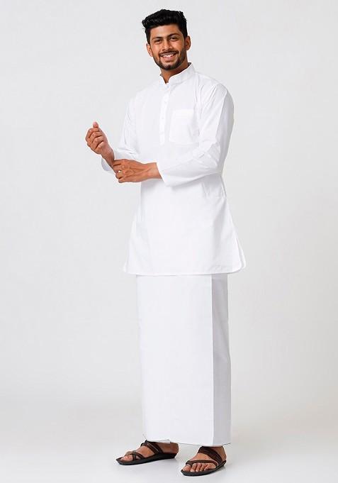 White Mandarin Collar Pure Cotton Kurta With Veshti For Men