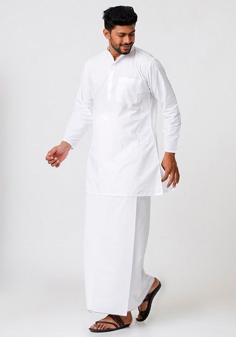 White Mandarin Collar Pure Cotton Kurta With Veshti For Men