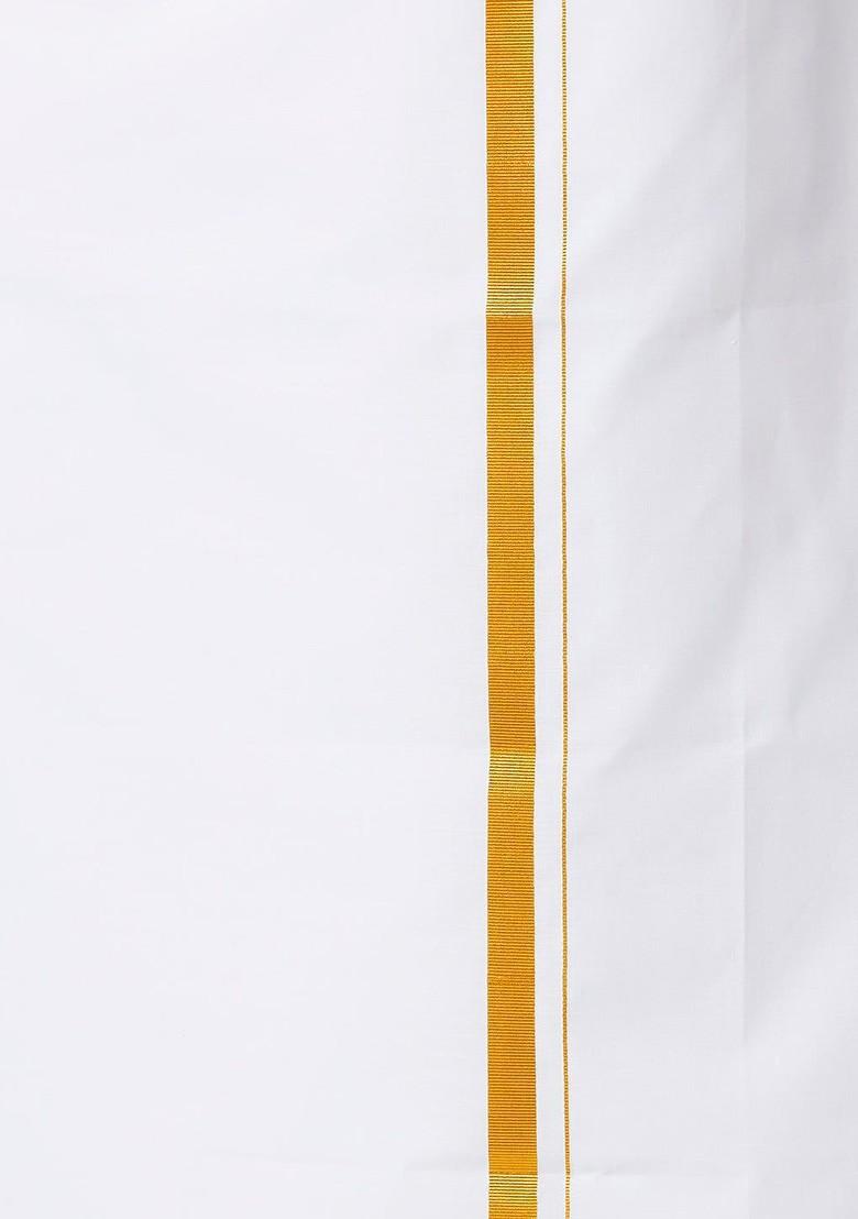 White Mandarin Collar Pure Cotton Kurta With Veshti For Men - Indya