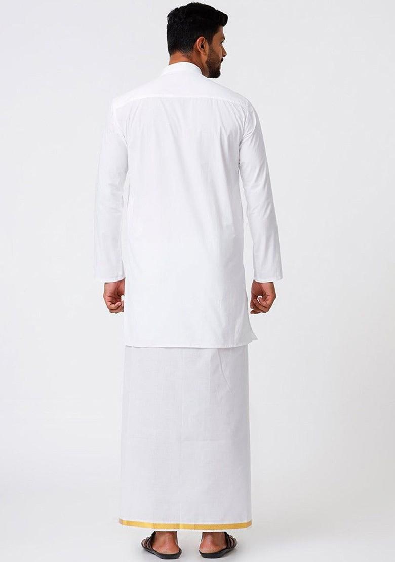White Mandarin Collar Pure Cotton Kurta With Veshti For Men