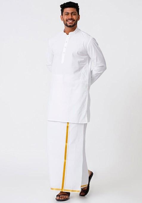 White Mandarin Collar Pure Cotton Kurta With Veshti For Men