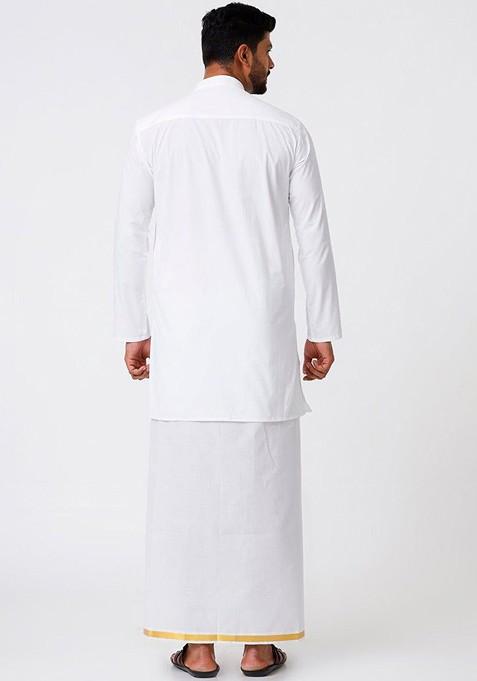 White Mandarin Collar Pure Cotton Kurta With Veshti For Men