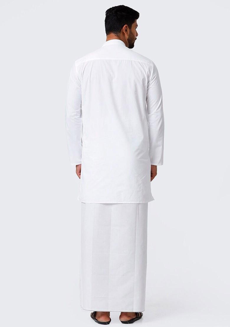 White Mandarin Collar Pure Cotton Kurta With Veshti For Men