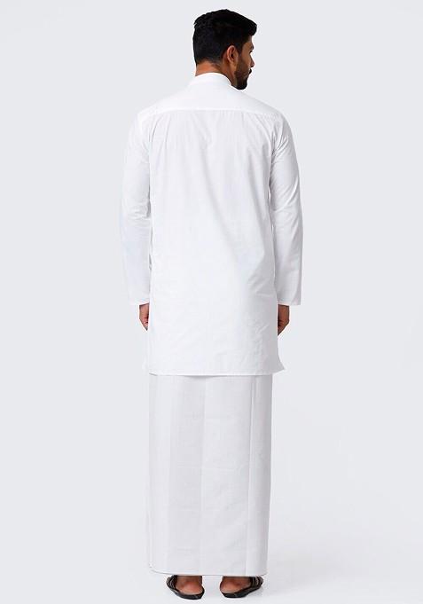White Mandarin Collar Pure Cotton Kurta With Veshti For Men