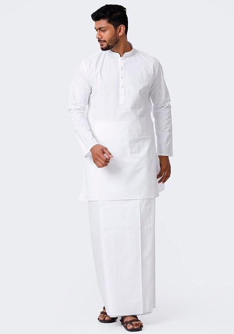 White Mandarin Collar Pure Cotton Kurta With Veshti For Men