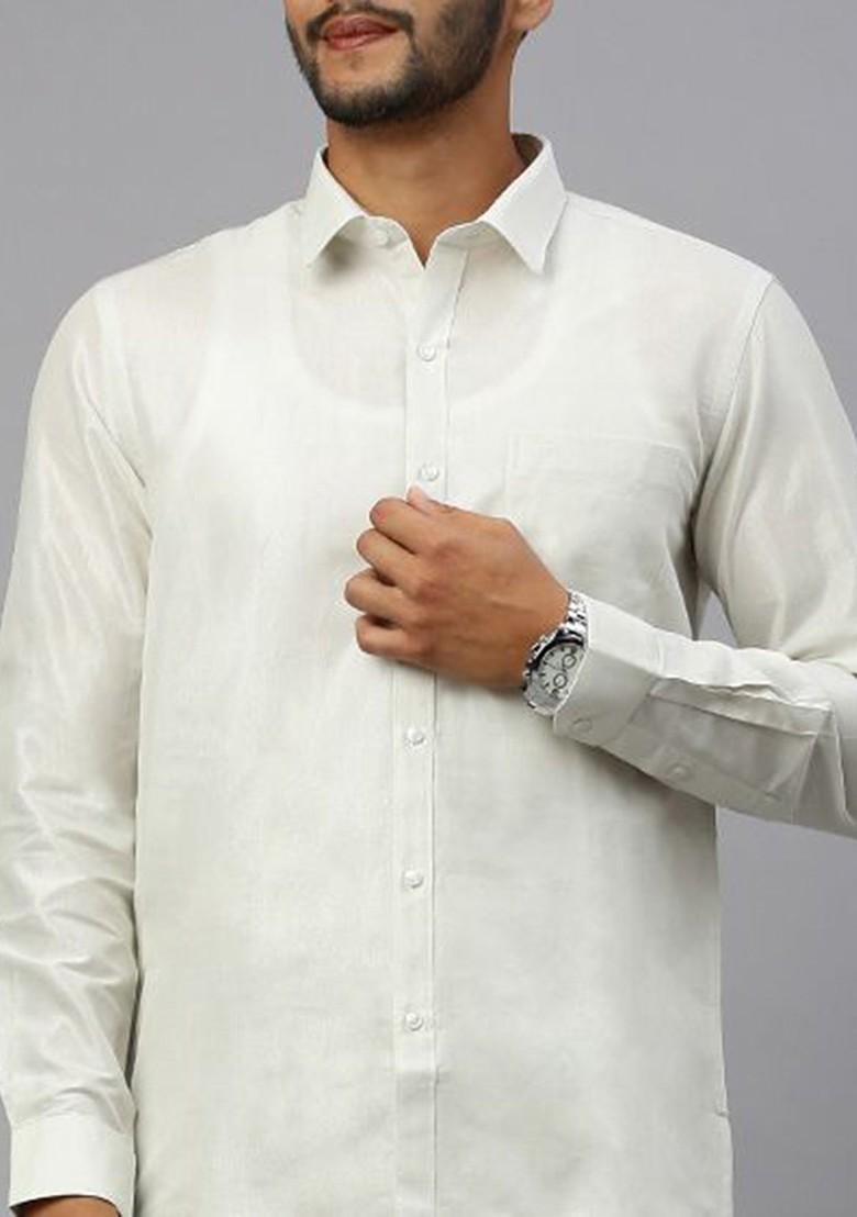 White Long Sleeves Shirt With Veshti For Men - Indya
