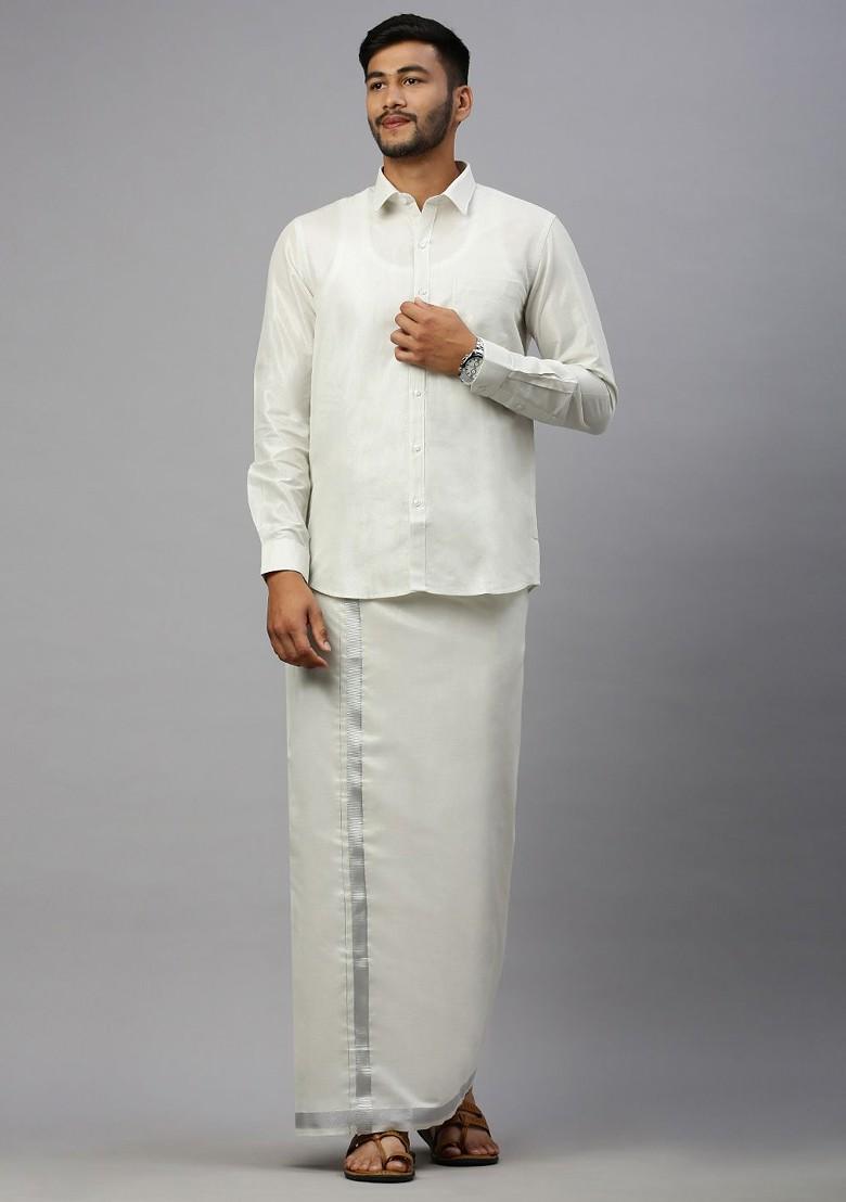 White Long Sleeves Shirt With Veshti For Men - Indya