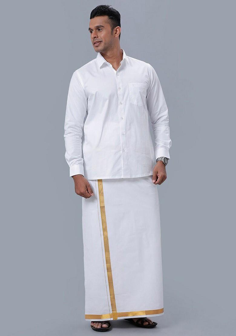 White Long Sleeves Pure Cotton Shirt With Golden Jari Veshti For Men