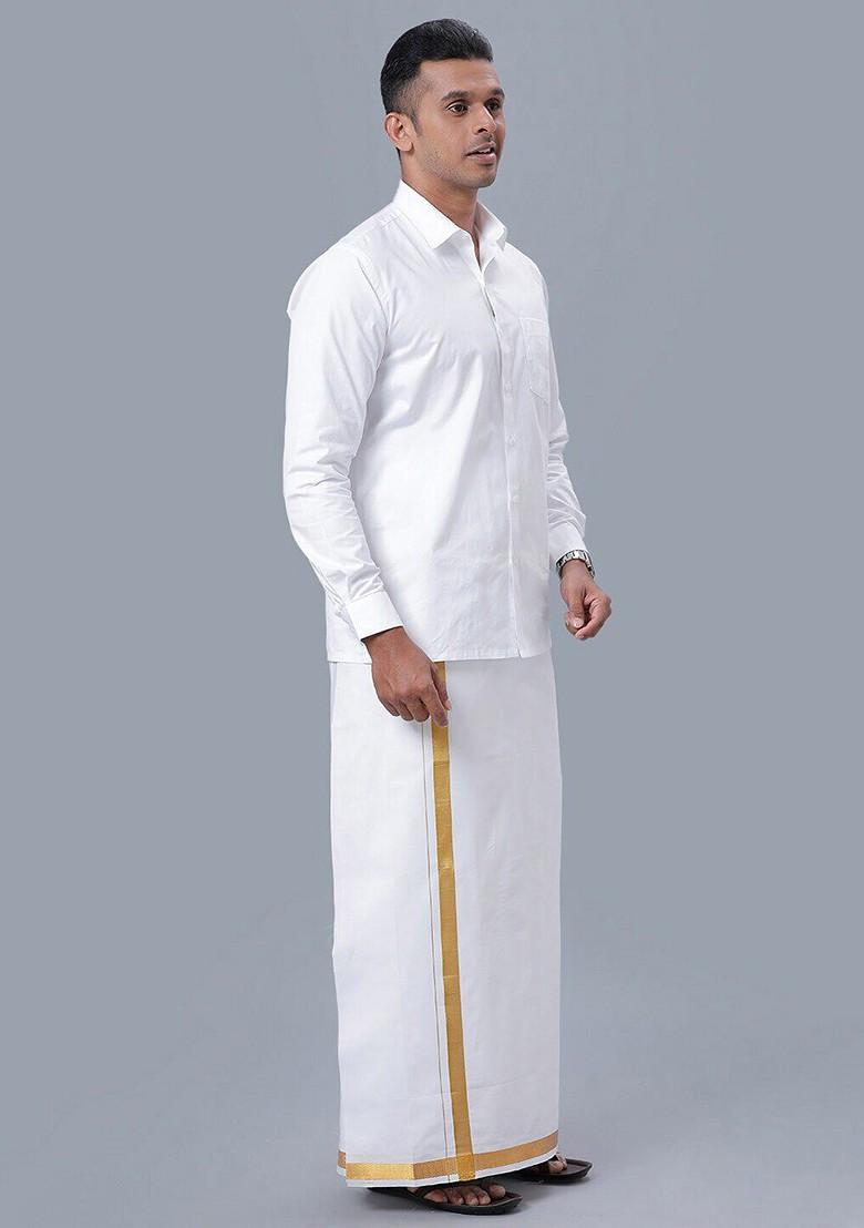 White Long Sleeves Pure Cotton Shirt With Golden Jari Veshti For Men - Indya