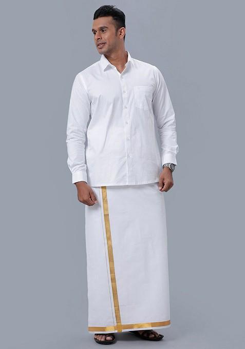 White Long Sleeves Pure Cotton Shirt With Golden Jari Veshti For Men