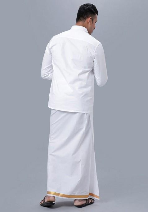 White Long Sleeves Pure Cotton Shirt With Golden Jari Veshti For Men