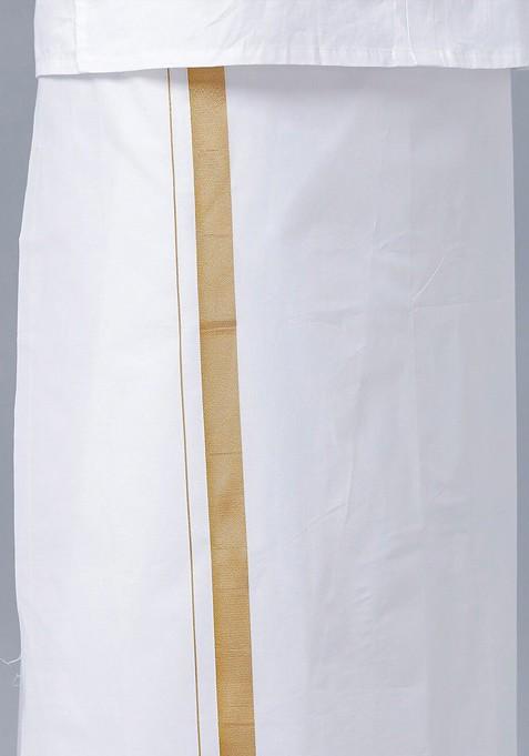 White Long Sleeves Pure Cotton Shirt With Golden Jari Veshti For Men