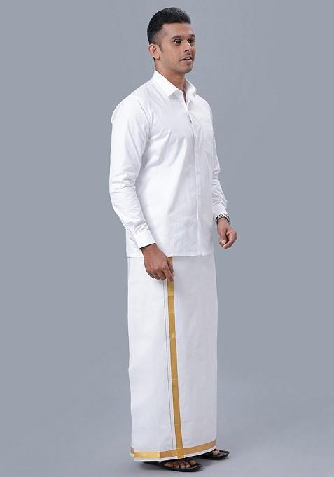 White Long Sleeves Pure Cotton Shirt With Golden Jari Veshti For Men