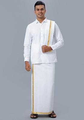 White Long Sleeves Pure Cotton Shirt With Golden Jari Veshti And Angavastram For Men