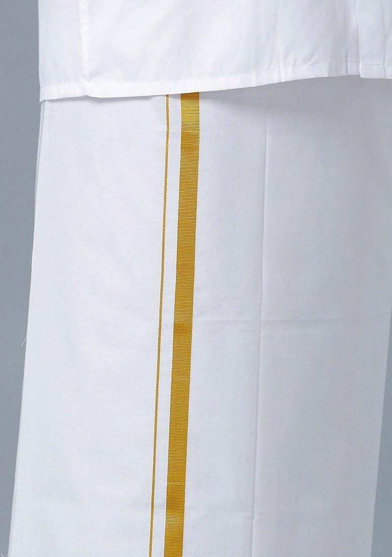 White Long Sleeves Pure Cotton Shirt With Golden Jari Veshti And Angavastram For Men