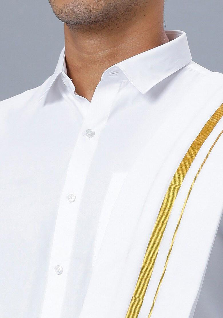 White Long Sleeves Pure Cotton Shirt With Golden Jari Veshti And Angavastram For Men - Indya