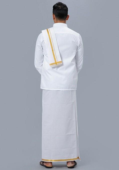 White Long Sleeves Pure Cotton Shirt With Golden Jari Veshti And Angavastram For Men