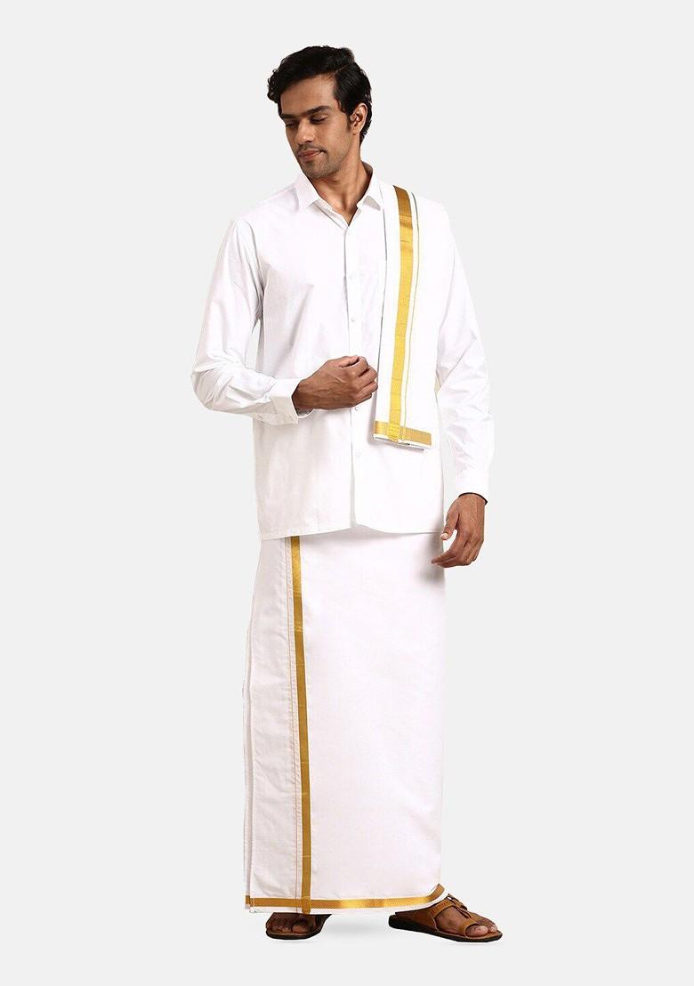 White Long Sleeves Pure Cotton Shirt With Golden Jari Veshti And Angavastram For Men