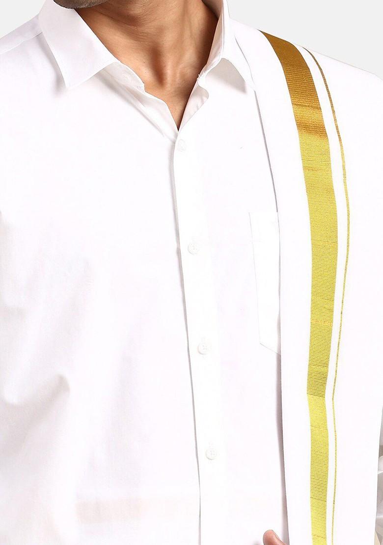 White Long Sleeves Pure Cotton Shirt With Golden Jari Veshti And Angavastram For Men - Indya