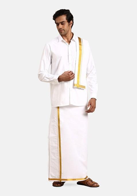 White Long Sleeves Pure Cotton Shirt With Golden Jari Veshti And Angavastram For Men