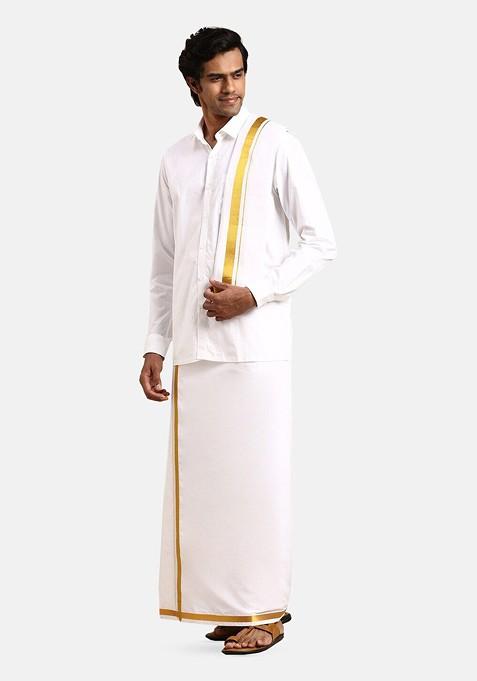 White Long Sleeves Pure Cotton Shirt With Golden Jari Veshti And Angavastram For Men