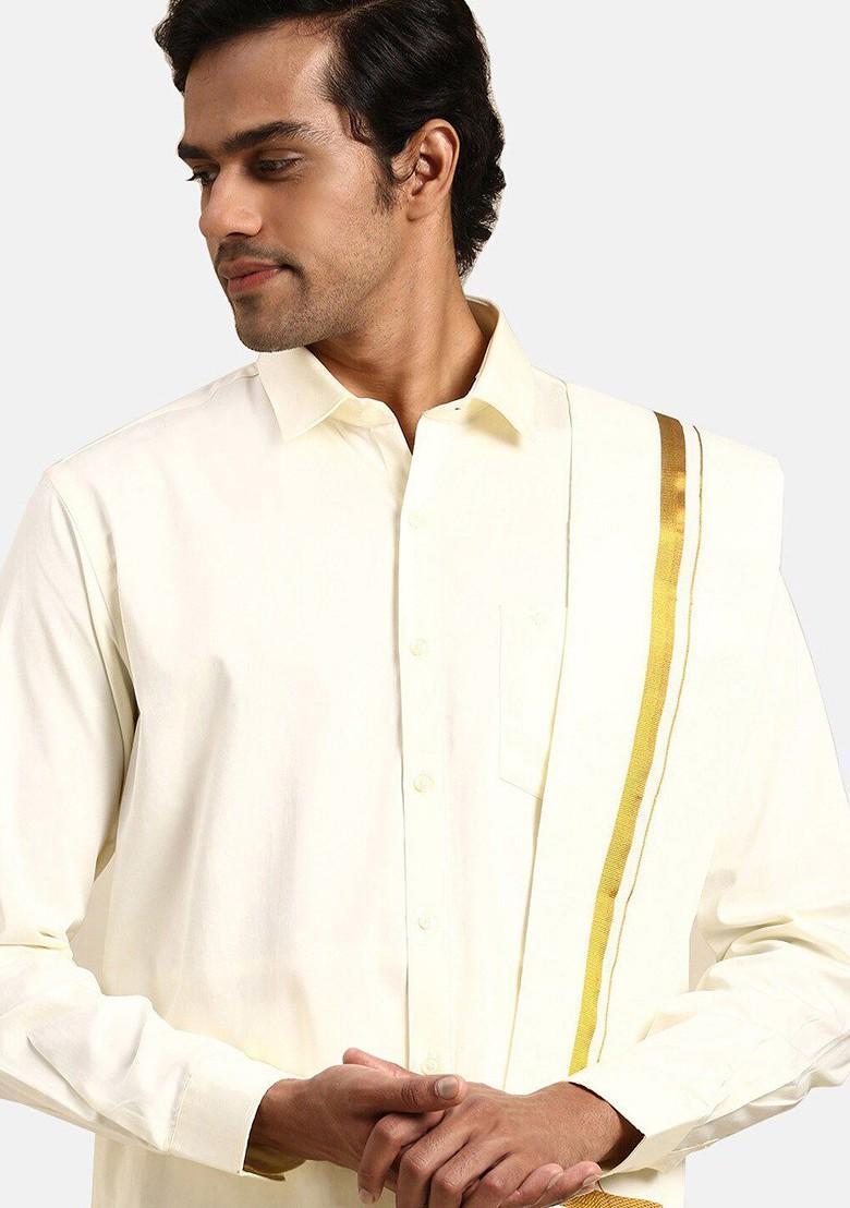 Cream Long Sleeves Pure Cotton Shirt With Golden Jari Veshti And Angavastra For Men - Indya