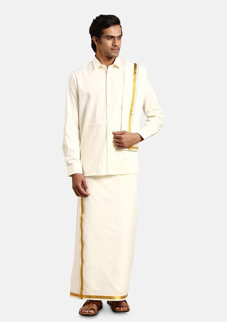 Cream Long Sleeves Pure Cotton Shirt With Golden Jari Veshti And Angavastra For Men