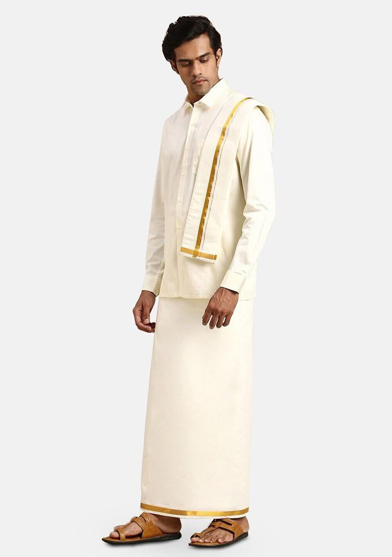 Cream Long Sleeves Pure Cotton Shirt With Golden Jari Veshti And Angavastra For Men