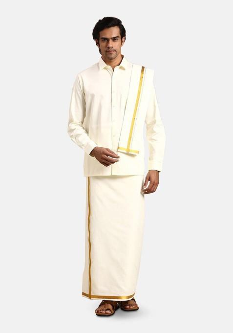 Cream Long Sleeves Pure Cotton Shirt With Golden Jari Veshti And Angavastra For Men