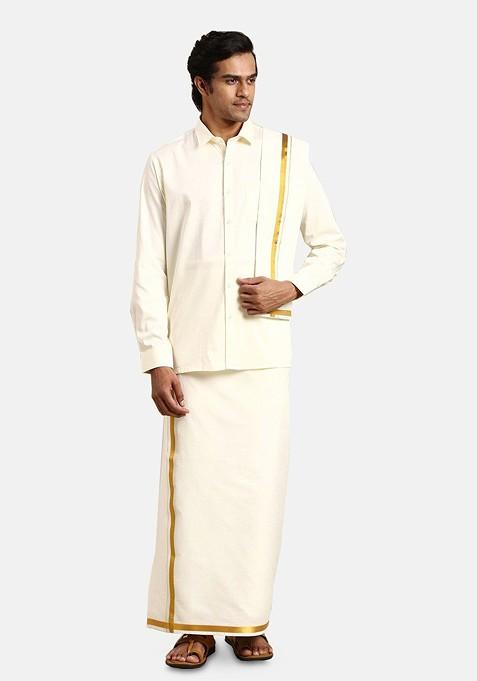 Cream Long Sleeves Pure Cotton Shirt With Golden Jari Veshti And Angavastra For Men