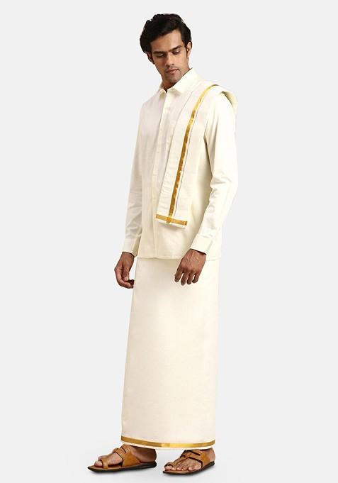 Cream Long Sleeves Pure Cotton Shirt With Golden Jari Veshti And Angavastra For Men