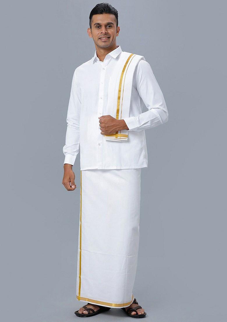 White Long Sleeves Pure Cotton Shirt With Golden Jari Veshti And Angavastram For Men - Indya