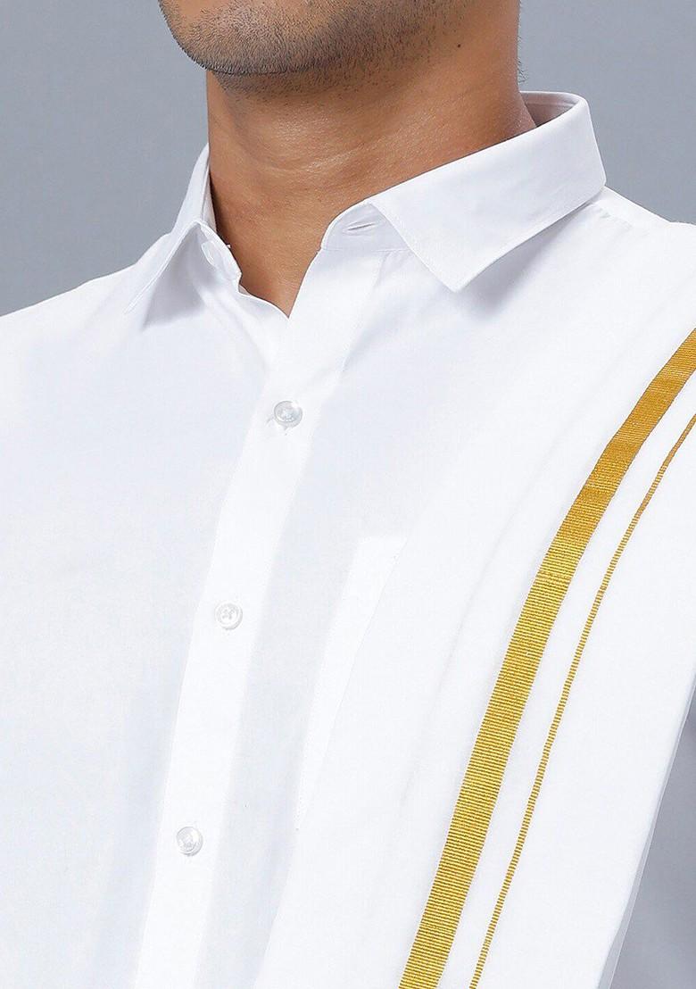 White Long Sleeves Pure Cotton Shirt With Golden Jari Veshti And Angavastram For Men