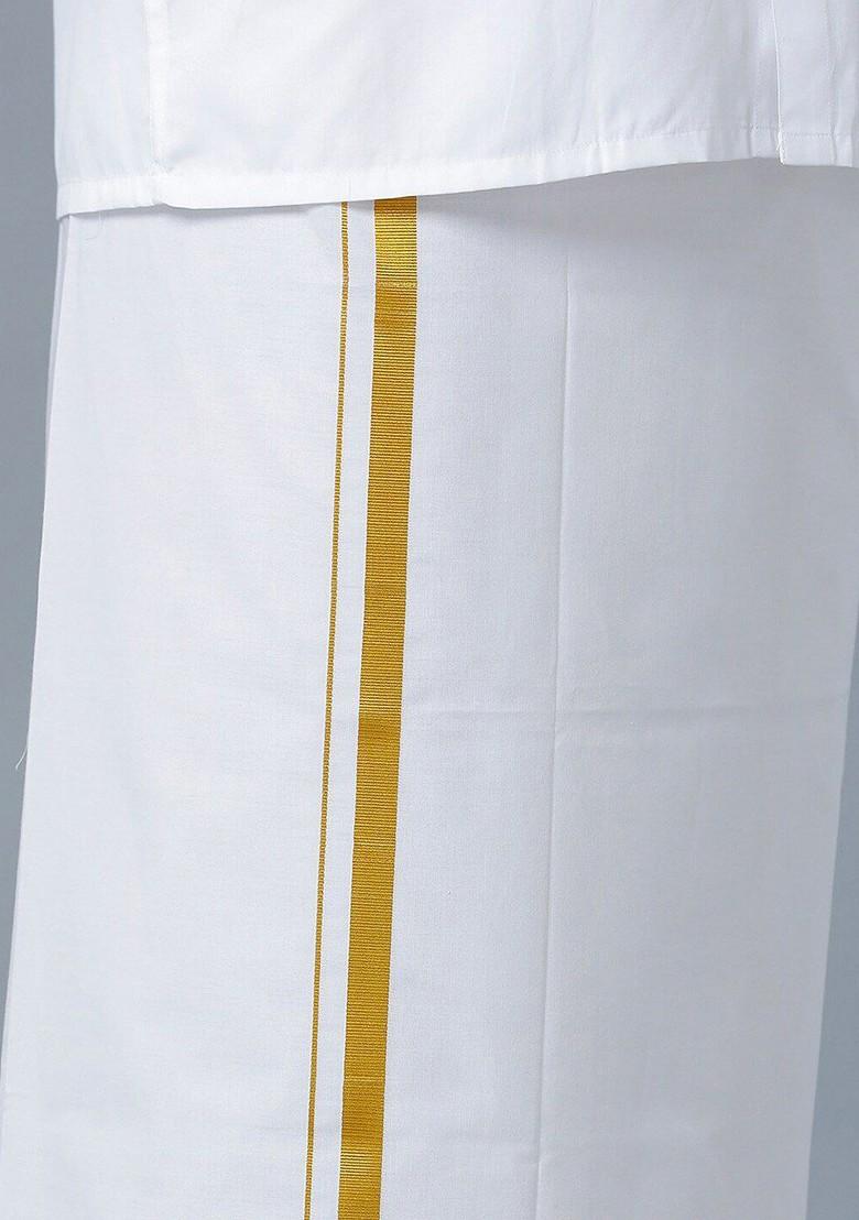 White Long Sleeves Pure Cotton Shirt With Golden Jari Veshti And Angavastram For Men