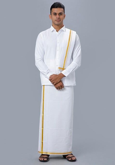 White Long Sleeves Pure Cotton Shirt With Golden Jari Veshti And Angavastram For Men