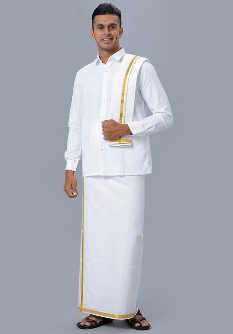 White Long Sleeves Pure Cotton Shirt With Golden Jari Veshti And Angavastram For Men